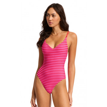 Mesh Effect V Neck One Piece : Chilli Red