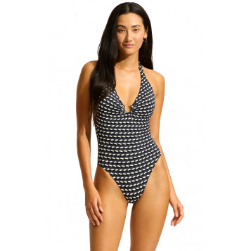 Mala Ring Front Halter One Piece : Black