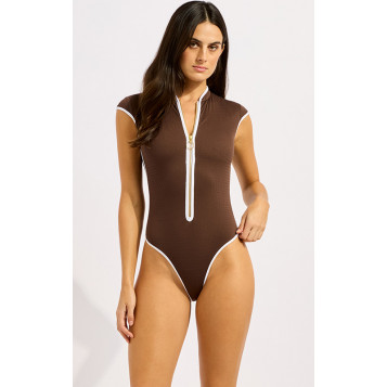 Beach Bound Cap Sleeve Zip Front One Piece : Dark Chocolate