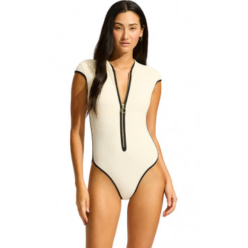 Beach Bound Cap Sleeve Zip Front One Piece : Ecru