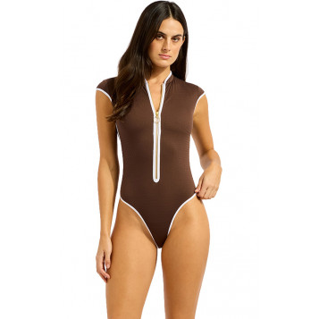 Beach Bound Cap Sleeve Zip Front One Piece : Dark Chocolate