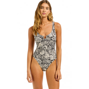 C Shells Ring Front Halter One Piece : Black